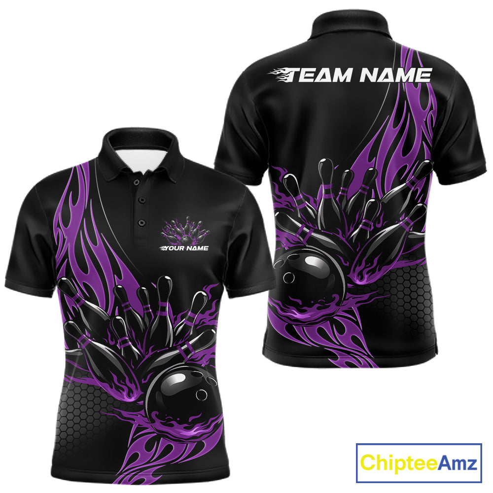 Front and back view mockup of a men’s black polo shirt featuring a purple flaming black bowling ball striking pins in a striking sports apparel design.