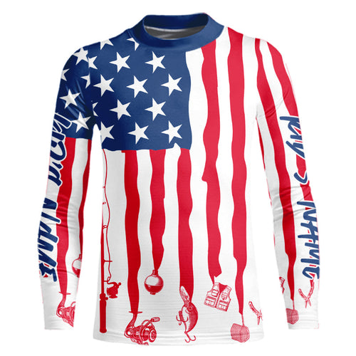 Personalized Patriotic US Flag Kid Long Sleeve Fishing Shirts, American Flag Fishing Tools IPHW9124