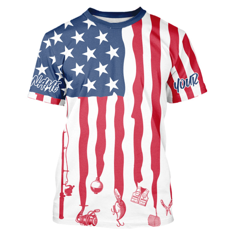 Personalized Patriotic US Flag Fishing T-Shirts, American Flag Fishing Tools IPHW9124