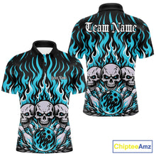 Load image into Gallery viewer, Personalized black-and-Cyan Blue bowling polo with dramatic flame patterns, three skulls, bowling pins, a front chest name, and ornate team name lettering on the back.
