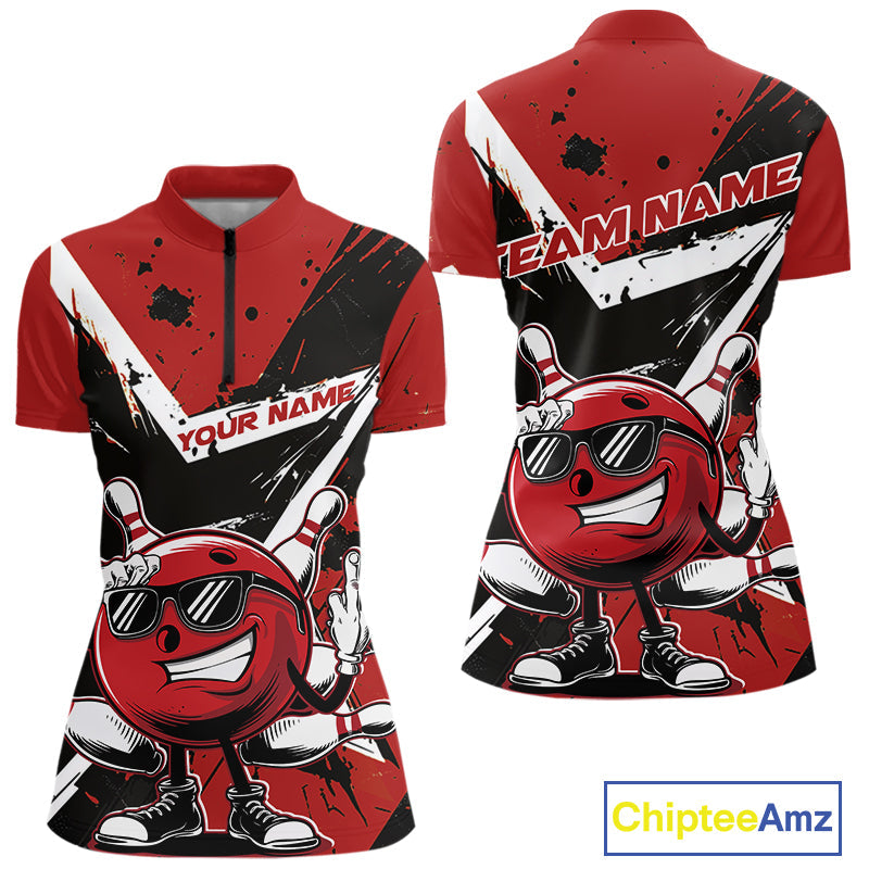 Custom Black And Red Star Funny Bowling Women Quarter-Zip Shirt, Bowling Tournament Shirt IPHW9358
