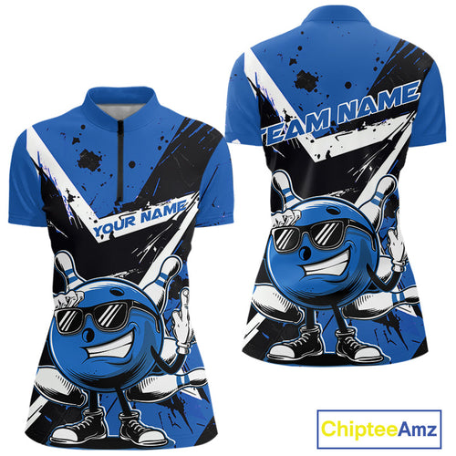 Custom Black And Blue Star Funny Bowling Women Quarter-Zip Shirt, Bowling Team Shirt IPHW9359