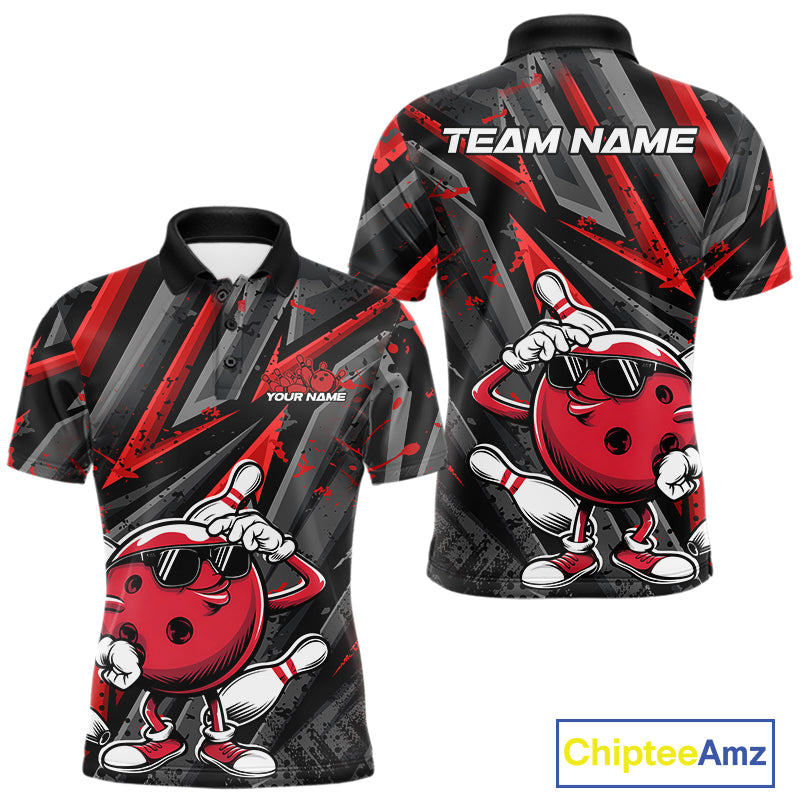 Black And Red Funny Custom Bowling Jerseys, Cool Bowling Polo Shirts For Men IPHW9361