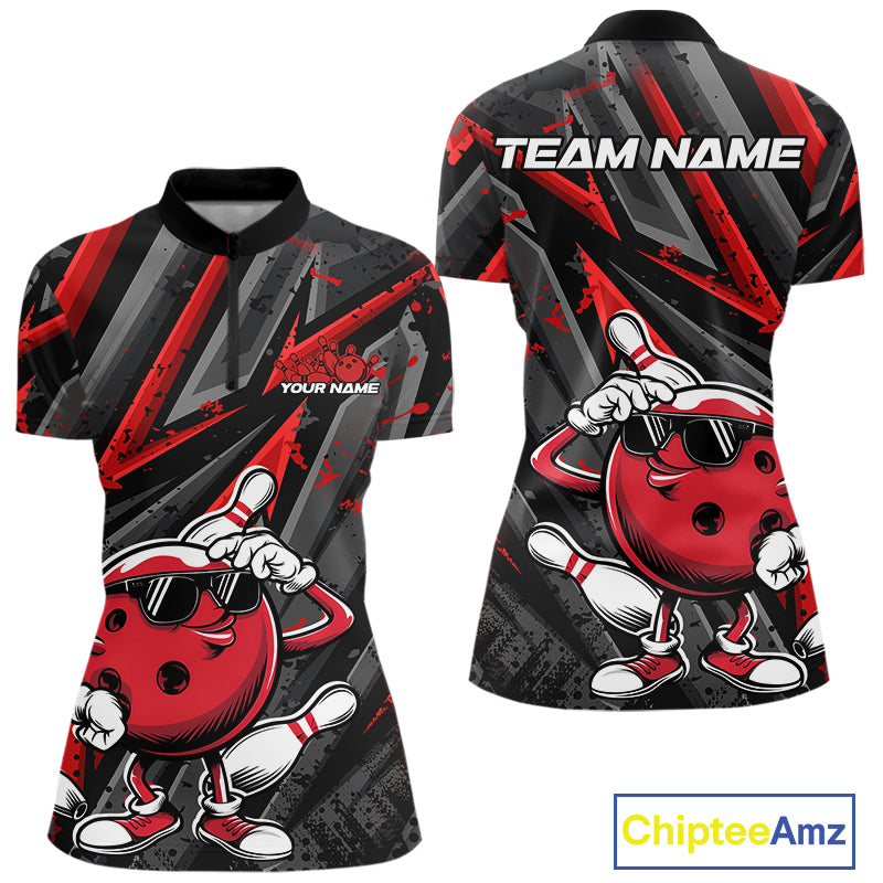 Black And Red Funny Custom Bowling Jerseys, Cool Bowling Quarter-Zip Shirts For Women IPHW9361