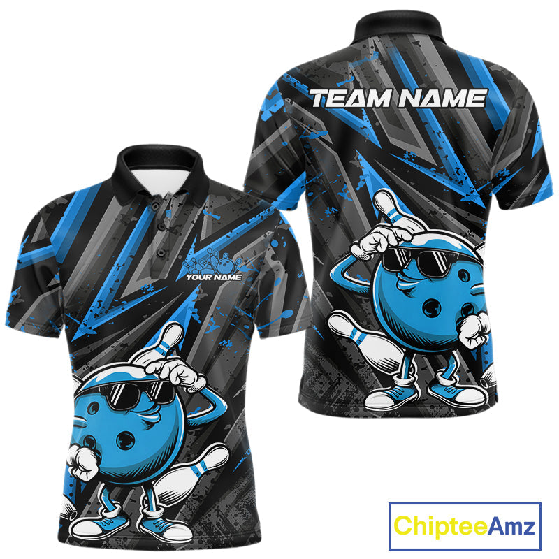 Black And Blue Funny Custom Bowling Jerseys, Cool Bowling Polo Shirts For Men IPHW9362