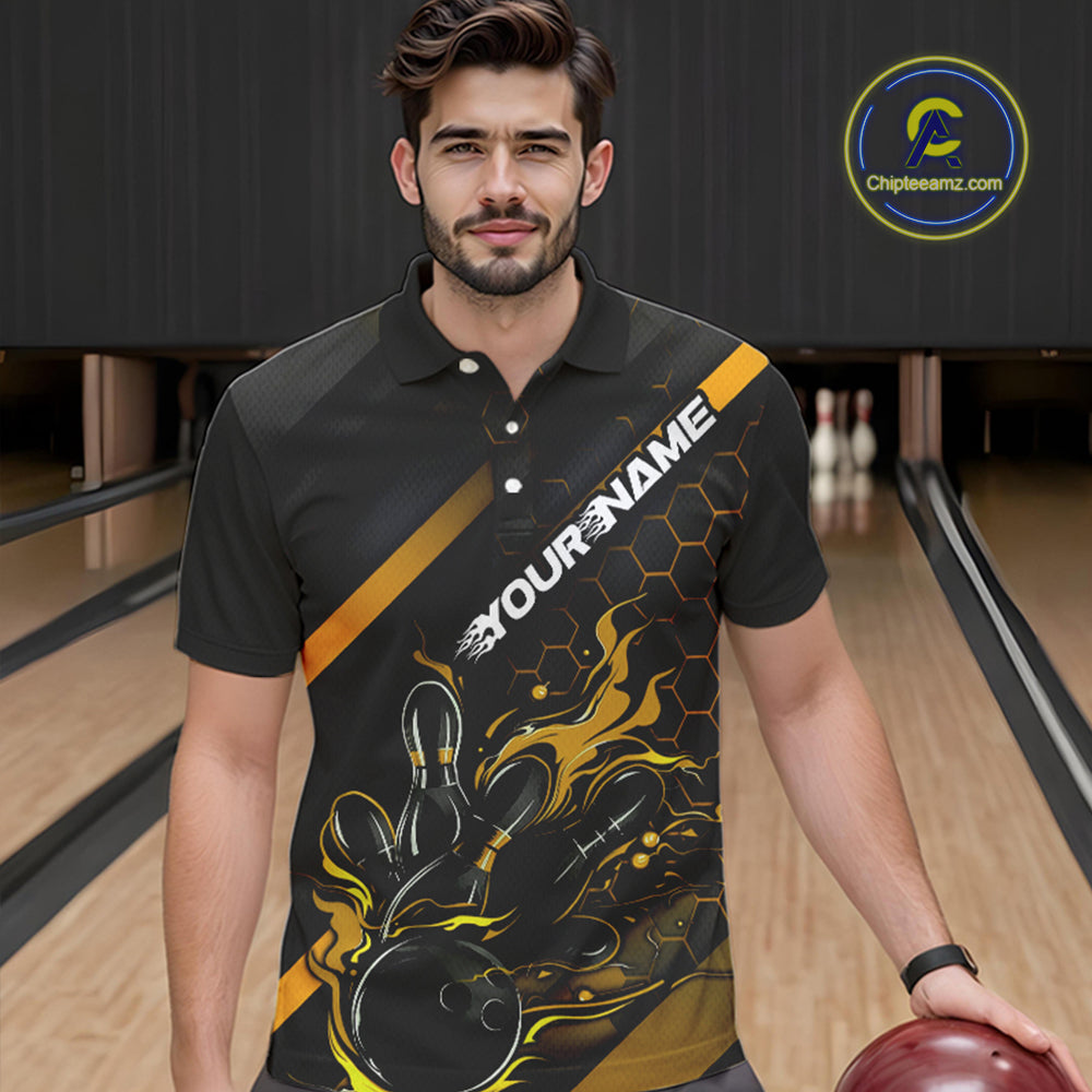 Custom Black And Gold Flame Bowling Shirts For Men, Bowling Team Bowling League Shirts IPHW7505