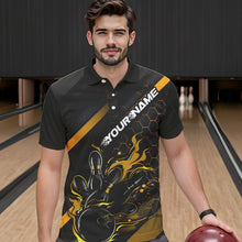 Load image into Gallery viewer, Custom Black And Gold Flame Bowling Shirts For Men, Bowling Team Bowling League Shirts IPHW7505