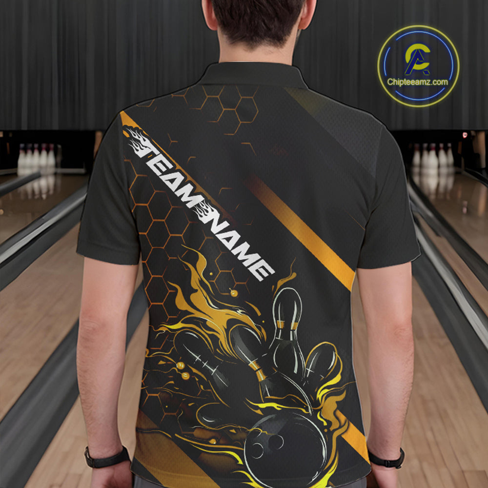Custom Black And Gold Flame Bowling Shirts For Men, Bowling Team Bowling League Shirts IPHW7505