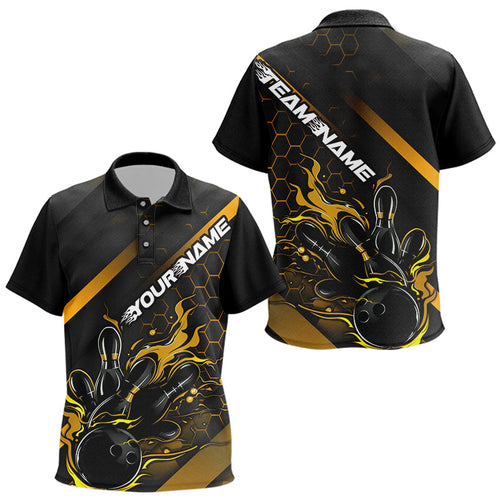 Custom Black And Gold Flame Bowling Polo Shirts For Kid, Bowling Team Bowling League Shirts IPHW7505