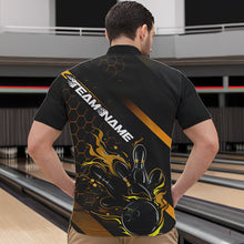 Load image into Gallery viewer, Custom Black And Gold Flame Bowling Shirts For Men, Bowling Team Bowling League Shirts IPHW7505