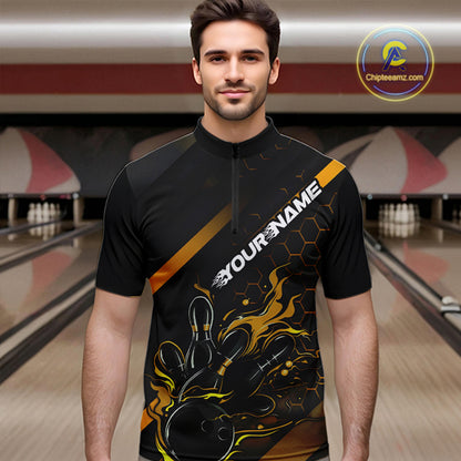 Custom Black And Gold Flame Bowling Shirts For Men, Bowling Team Bowling League Shirts IPHW7505