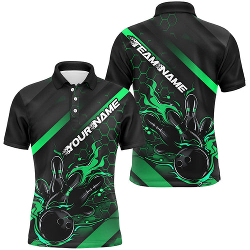 Custom Black And Green Flame Bowling Shirts For Men, Bowling Team Bowling League Shirts IPHW7506