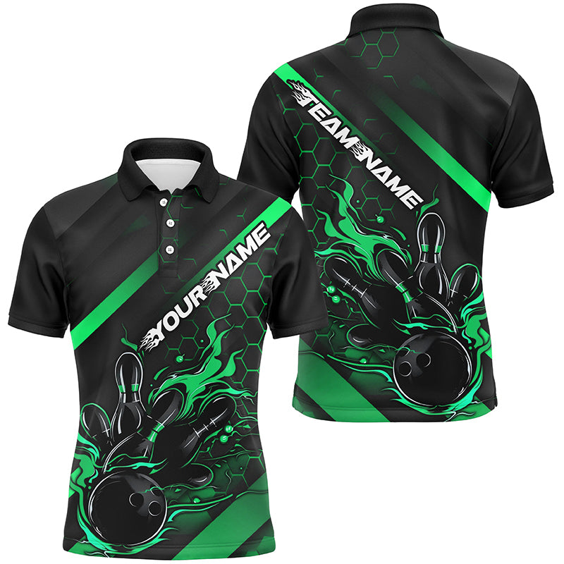 Custom Black And Green Flame Bowling Shirts For Men, Bowling Team Bowling League Shirts IPHW7506