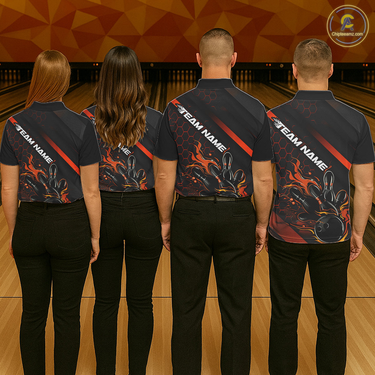 Custom Black And Orange Flame Bowling Shirts For Men, Bowling Team Bowling League Shirts IPHW7508