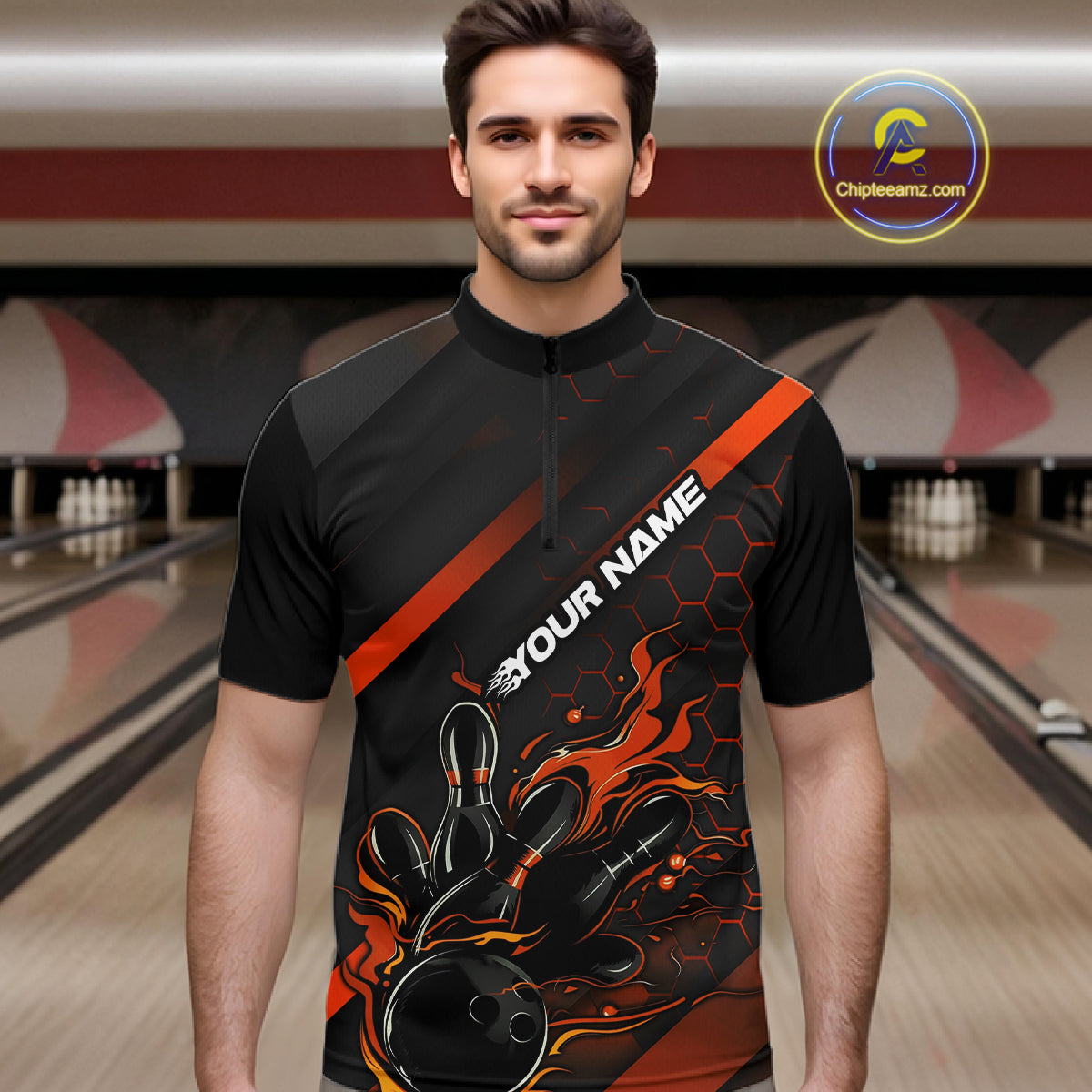 Custom Black And Orange Flame Bowling Shirts For Men, Bowling Team Bowling League Shirts IPHW7508
