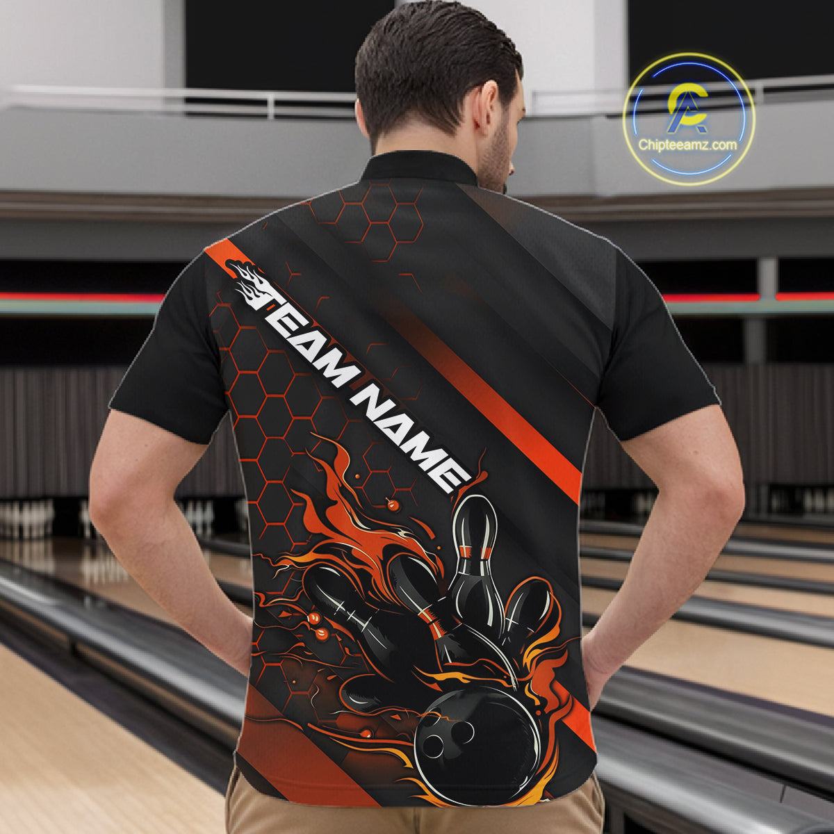 Custom Black And Orange Flame Bowling Shirts For Men, Bowling Team Bowling League Shirts IPHW7508
