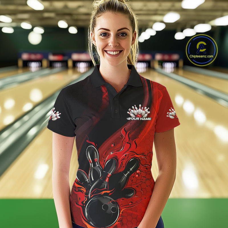 Custom Black And Red Flame Bowling Polo Shirt For Women, Bowling Team League Shirt IPHW9872