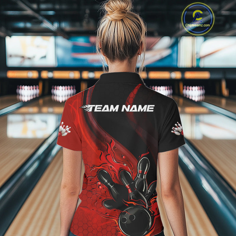 Custom Black And Red Flame Bowling Polo Shirt For Women, Bowling Team League Shirt IPHW9872