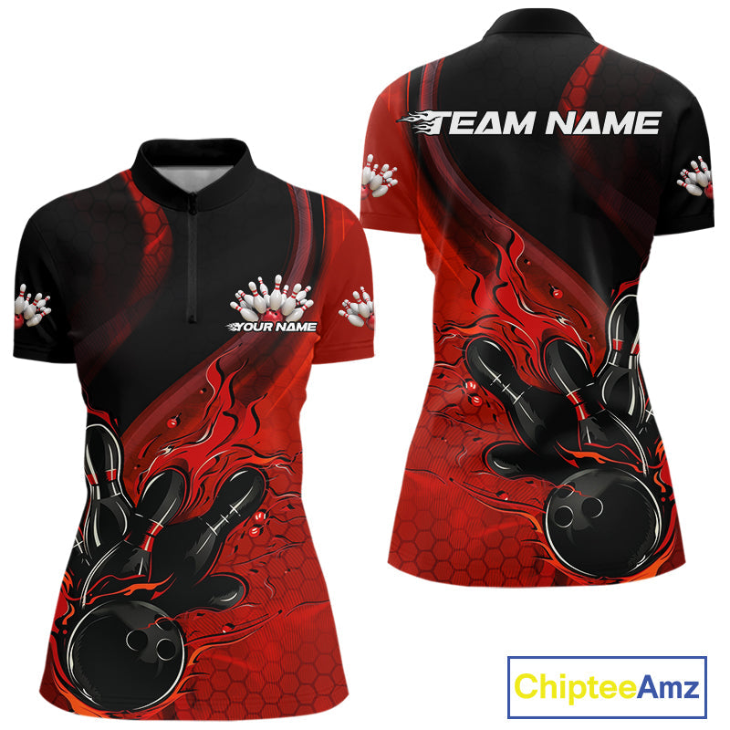 Custom Black And Red Flame Bowling Quarter-Zip Shirt For Women, Bowling Team League Shirt IPHW9872