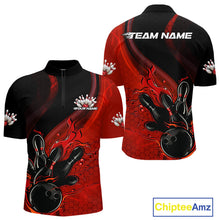 Load image into Gallery viewer, Custom Black And Red Flame Bowling Quarter-Zip Shirt For Men, Bowling Team League Shirt IPHW9872