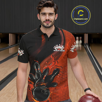 Custom Black And Orange Flame Bowling Polo Shirt For Men, Bowling Team League Shirt IPHW9873