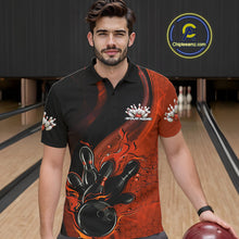 Load image into Gallery viewer, Custom Black And Orange Flame Bowling Polo Shirt For Men, Bowling Team League Shirt IPHW9873