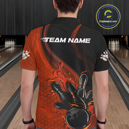 Custom Black And Orange Flame Bowling Polo Shirt For Men, Bowling Team League Shirt IPHW9873