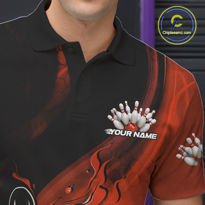 Custom Black And Orange Flame Bowling Polo Shirt For Men, Bowling Team League Shirt IPHW9873