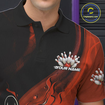 Custom Black And Orange Flame Bowling Polo Shirt For Men, Bowling Team League Shirt IPHW9873