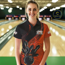 Load image into Gallery viewer, Custom Black And Orange Flame Bowling Polo Shirt For Women, Bowling Team League Shirt IPHW9873