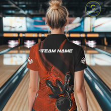 Load image into Gallery viewer, Custom Black And Orange Flame Bowling Polo Shirt For Women, Bowling Team League Shirt IPHW9873