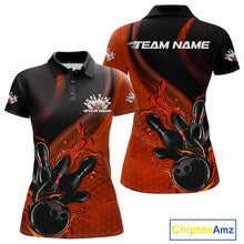 Load image into Gallery viewer, Custom Black And Orange Flame Bowling Polo Shirt For Women, Bowling Team League Shirt IPHW9873