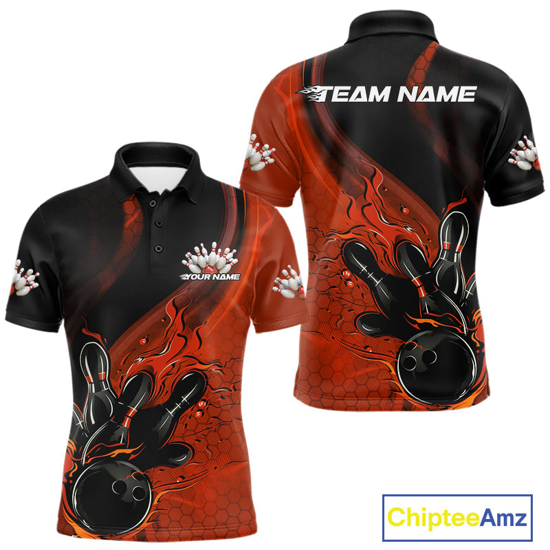 Custom Black And Orange Flame Bowling Polo Shirt For Men, Bowling Team League Shirt IPHW9873