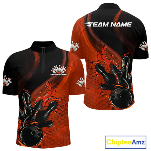 Custom Black And Orange Flame Bowling Quarter-Zip Shirt For Men, Bowling Team League Shirt IPHW9873