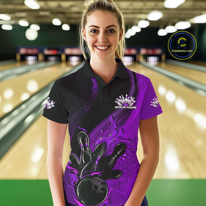 Custom Black And Purple Flame Bowling Polo Shirt For Women, Bowling Team League Shirt IPHW9874