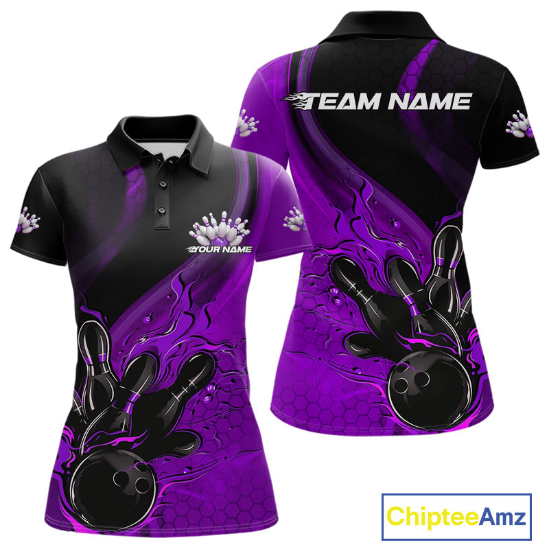Custom Black And Purple Flame Bowling Polo Shirt For Women, Bowling Team League Shirt IPHW9874
