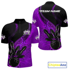 Load image into Gallery viewer, Custom Black And Purple Flame Bowling Quarter-Zip Shirt For Men, Bowling Team League Shirt IPHW9874