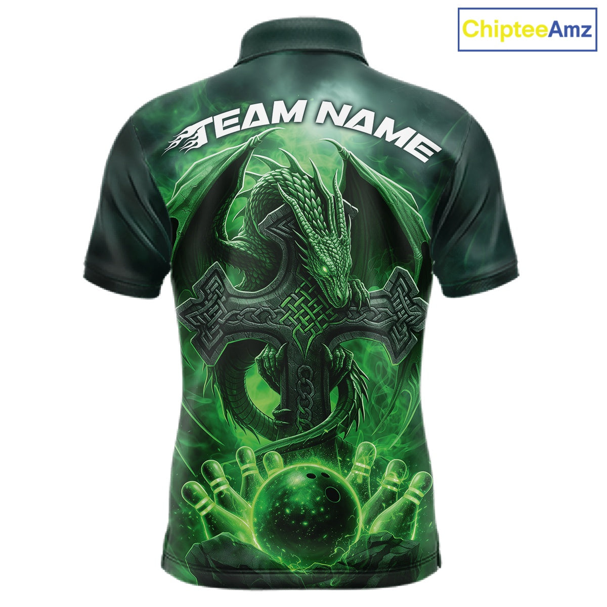 Custom Green Flame Celtic Cross Dragon Bowling Team Shirts, St Patricks Day Faith Bowling Tournament Shirts IPHW10507