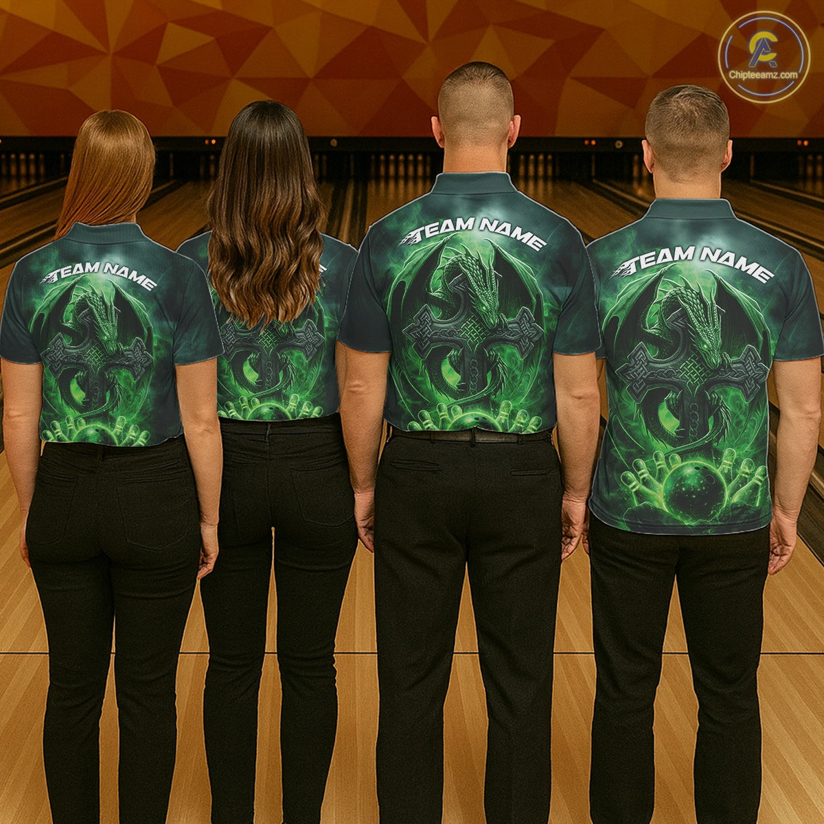 Custom Green Flame Celtic Cross Dragon Bowling Team Shirts, St Patricks Day Faith Bowling Tournament Shirts IPHW10507