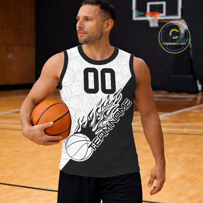 Black And White Flame Basketball Ball Team Shirts, Custom Name Team Name Basketball Jerseys IPHW10511