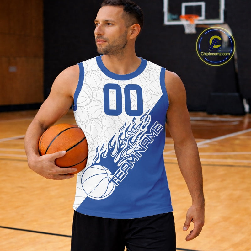 Blue Flame Basketball Ball Team Shirts, Custom Name Team Name Basketball Jerseys IPHW10512