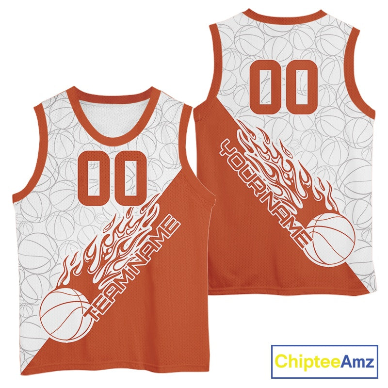 Orange Flame Basketball Ball Team Shirts, Custom Name Team Name Basketball Jerseys IPHW10515