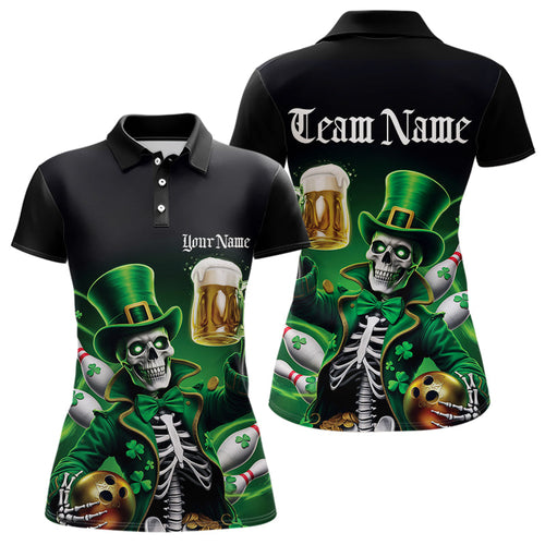 Custom Funny St Patricks Day Leprechaun Skull With Beer Bowling Team Polo Shirt Team Outfit IPHW8603