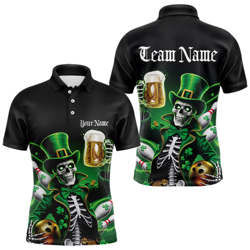 Custom Funny St Patricks Day Leprechaun Skull With Beer Bowling Team Polo Shirts Team Outfit IPHW8603