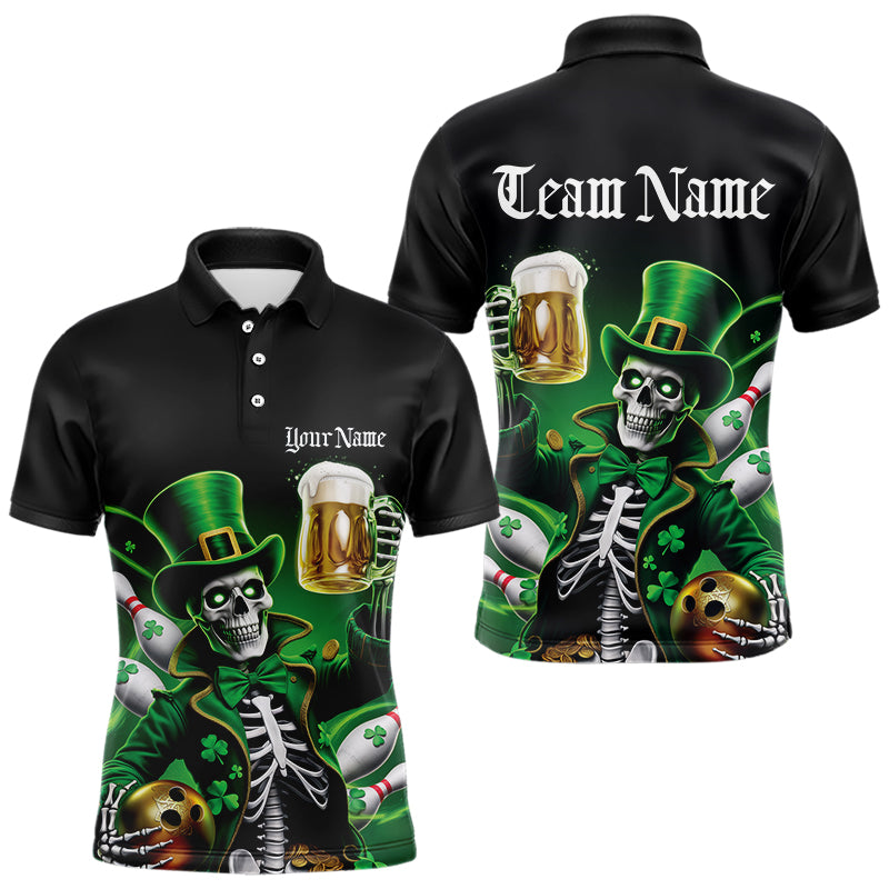 Custom Funny St Patricks Day Leprechaun Skull With Beer Bowling Team Polo Shirts Team Outfit IPHW8603
