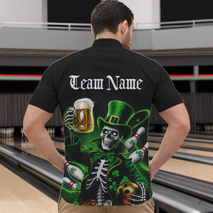 Custom Funny St Patricks Day Leprechaun Skull With Beer Bowling Team Quarter-Zip Shirts Team Outfit IPHW8603