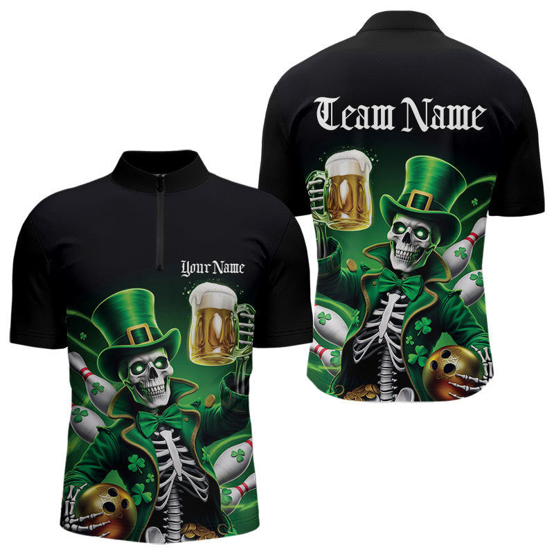Custom Funny St Patricks Day Leprechaun Skull With Beer Bowling Team Quarter-Zip Shirts Team Outfit IPHW8603