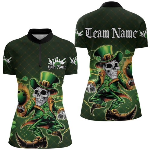 Custom Funny St Patricks Day Leprechaun Skull Bowling Team Quarter-Zip Shirts IPHW8605