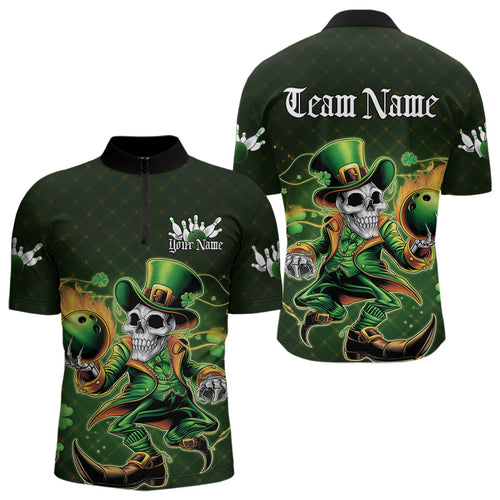 Custom Funny St Patricks Day Leprechaun Skull Bowling Team Quarter-Zip Shirts, Tournament Outfits IPHW8605