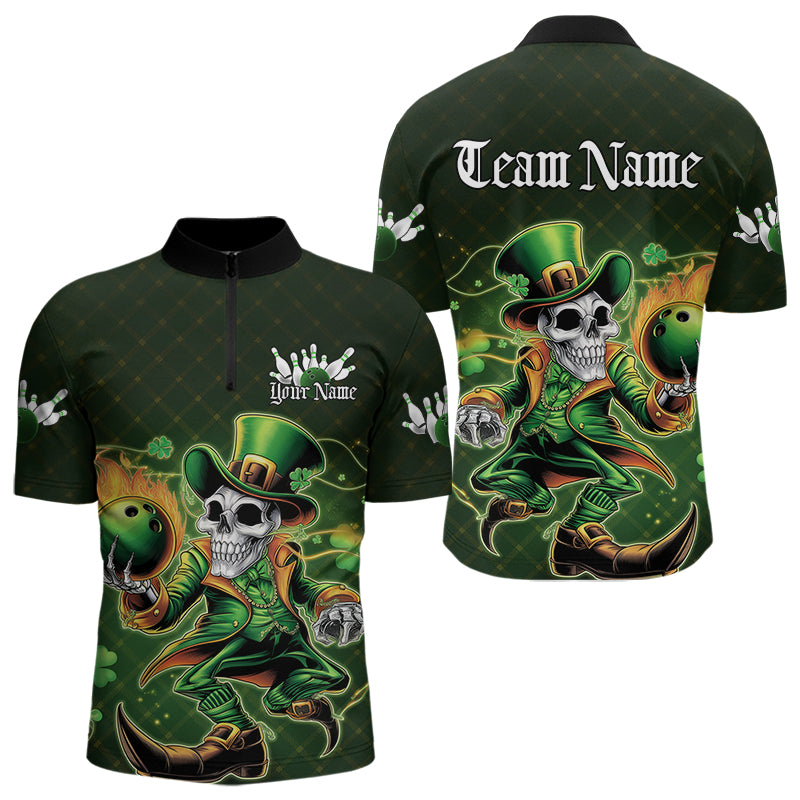 Custom Funny St Patricks Day Leprechaun Skull Bowling Team Quarter-Zip Shirts, Tournament Outfits IPHW8605